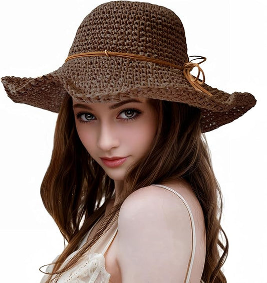 Womens Straw Beach Sun Hats, Foldable Packable Floppy Handmade Crochet Hats for Women,Large Summer Vacation Wide Brim Hat-VerdiqueGarden