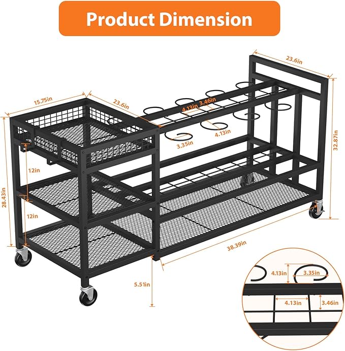 Garden Tool Organizer with Wheels-Movable Garden Tool Rack with Storage Hooks for Long-Handled Tools/Rakes/Brooms/Shovels,Heavy Duty Metal Garden Tool Storage for Garage,Shed,Garden,Black-VerdiqueGarden