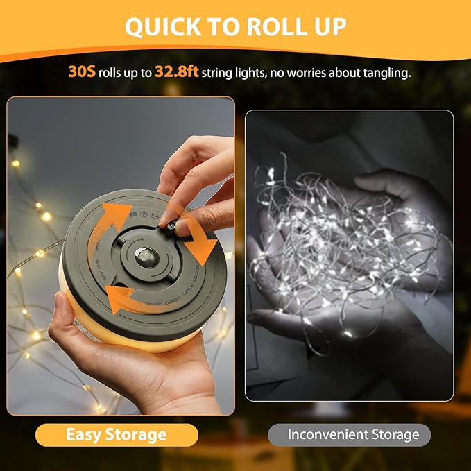 Camping String Lights, 4 in 1 Quick Storage 32.8FT Rechargeable Tent Lights with 6 Modes Hanging Waterproof Camp Lamp Camping Essentials for AwnTent Hiking Garden Bedroom Festival (Warm White)-2Pack-VerdiqueGarden