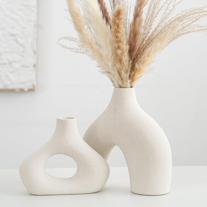 CEMABT Beige Ceramic Vase Set of 2 for Modern Minimalist Bohemian Decor，Round Matte Donut Vases for Pampas Grass-Perfect for Living Room, Dining Table, Office Bedroom Shelf Decor Entryway, Console…-VerdiqueGarden