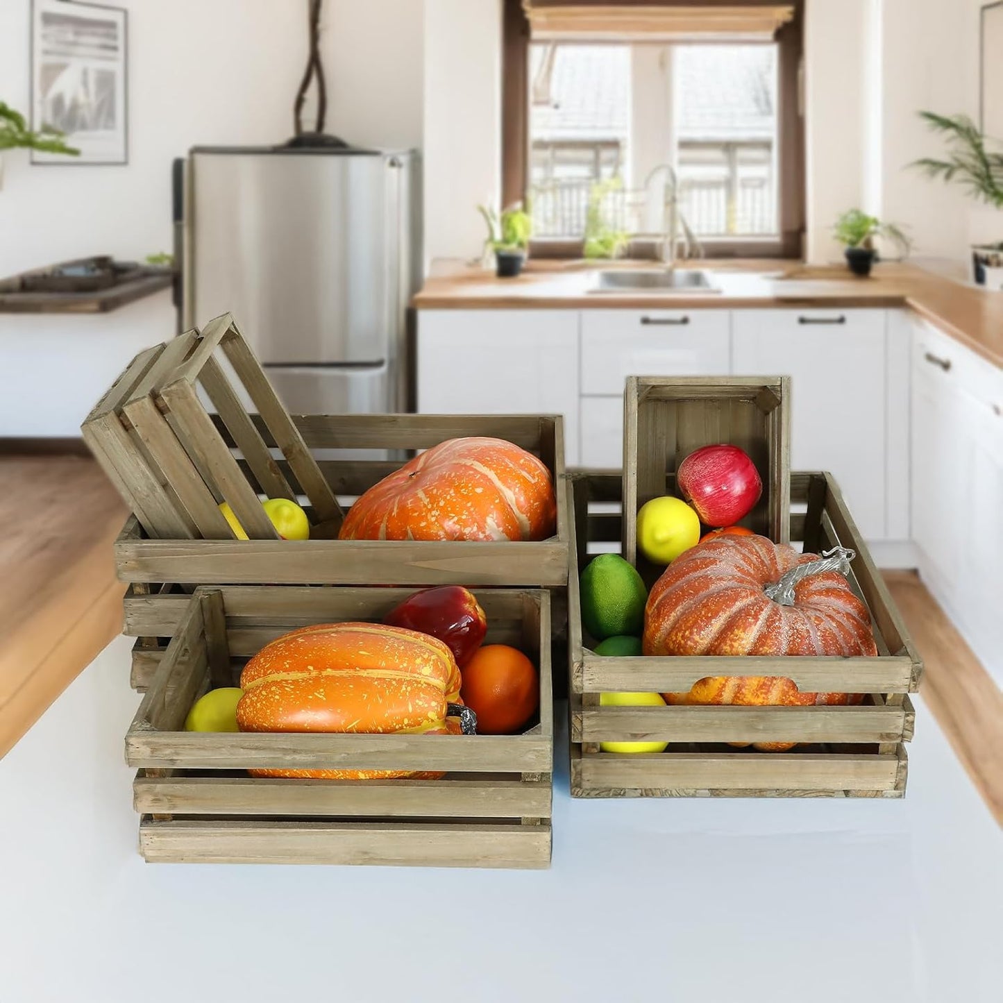 Large Wood Crates, Set of 5 Decorative Storage Box with Handles, Vintage Gray Farmhouse Wooden Crates for Decor, Wedding Birthday Home Party Living Room Kitchen Decoration-VerdiqueGarden