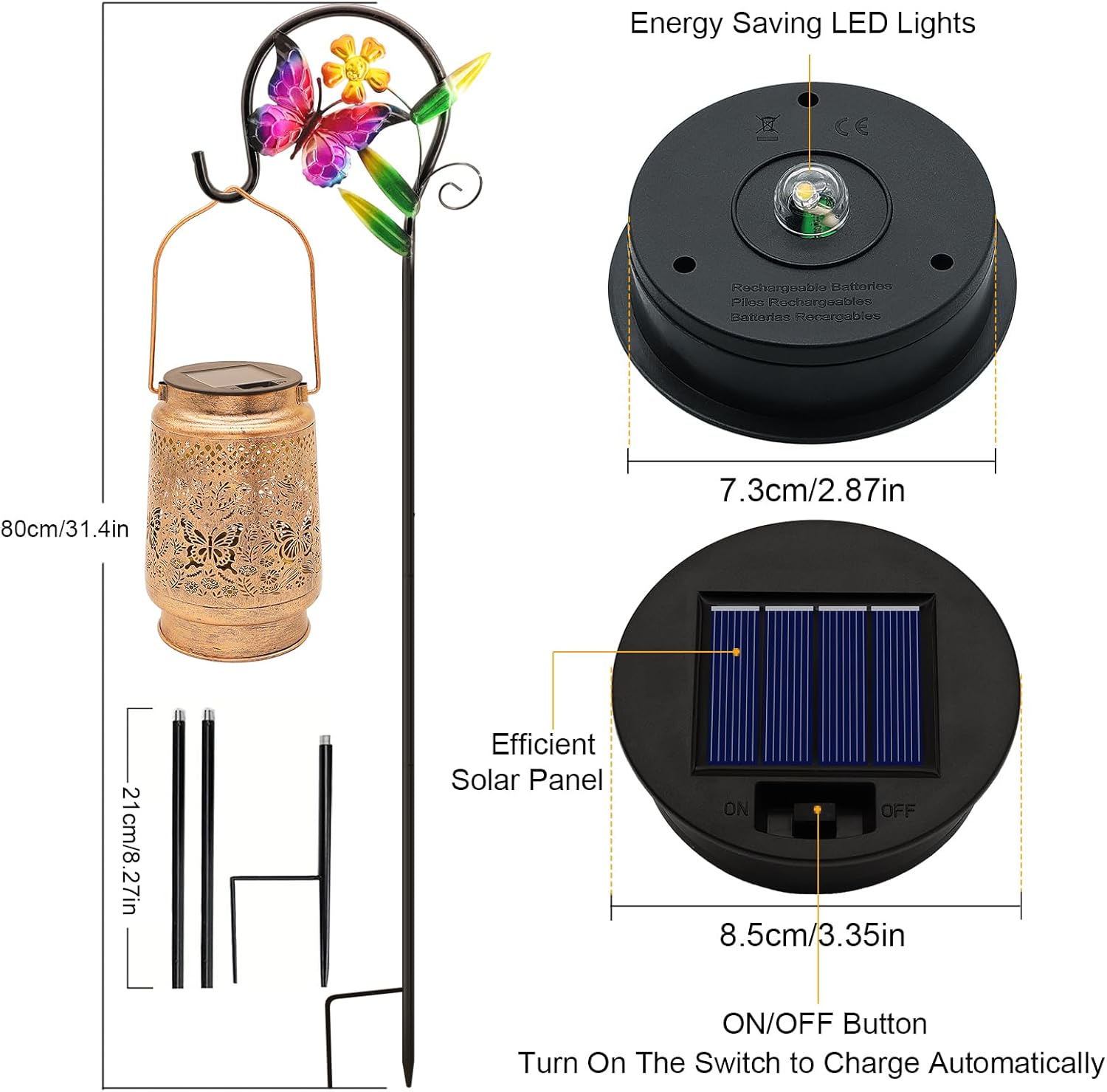 2 Pack Solar Lanterns Outdoor Butterfly Garden Decor, Birthday Gifts for Women Mom Grandma Waterproof Metal Hanging Solar Lights LED Decoration with Shepherd Hook Outside for Yard Porch Lawn Patio-VerdiqueGarden