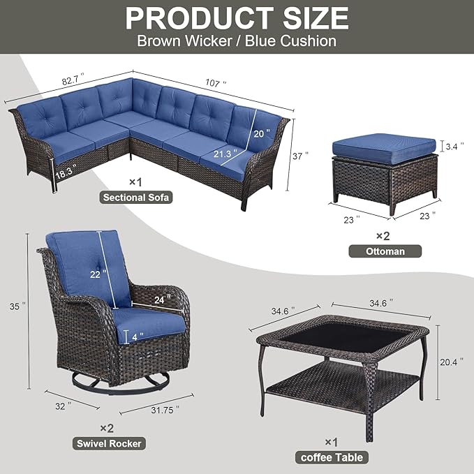 Outdoor Furniture Sectional Sofa L Shaped Couch - Patio Wicker Set with 2 Swivel Glider Chairs, 8 Piece Rattan Patio Conversation Sets with Blue Cushion for Deck Backyard Sunroom-VerdiqueGarden