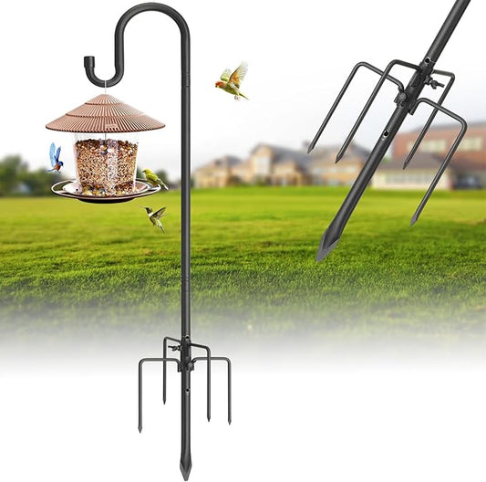 Hummingbird Feeder Pole for Outdoors - Heavy Duty Bird Feeder Stand with Adjustable Stake,62"Rustproof Shepards Poles with Hangers Holder for Birdfeeder,Wind Chimes,Lanterns,Wreaths,Black-VerdiqueGarden