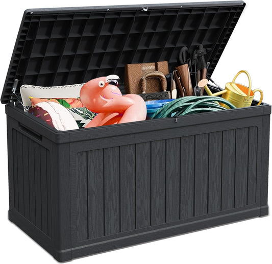 230 Gallon Double-Wall Resin Deck Box - Lockable Waterproof Outdoor Storage Box, 1000lbs Capacity & Doubles as Seating for Patio Furniture - Garden Tools, Pool Accessories (Black)-VerdiqueGarden