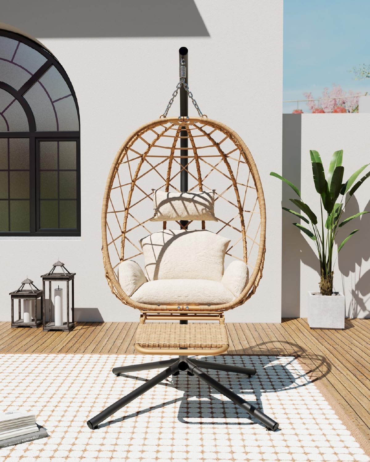 SWITTE Hanging Egg Chair with Stand, Outdoor Swing Egg Chair with Footrest, Patio Hammock Chair with Cushion for Garden Backyard-Cream-VerdiqueGarden
