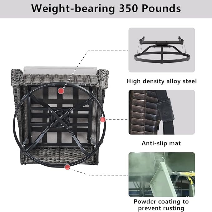 Wicker Outdoor Furniture Patio Furniture Set - 6 Piece Patio Conversation Set with Swivel Rocker Chairs, Loveseat Sofa, Ottomans and Coffee Table, Gray Cushion-VerdiqueGarden