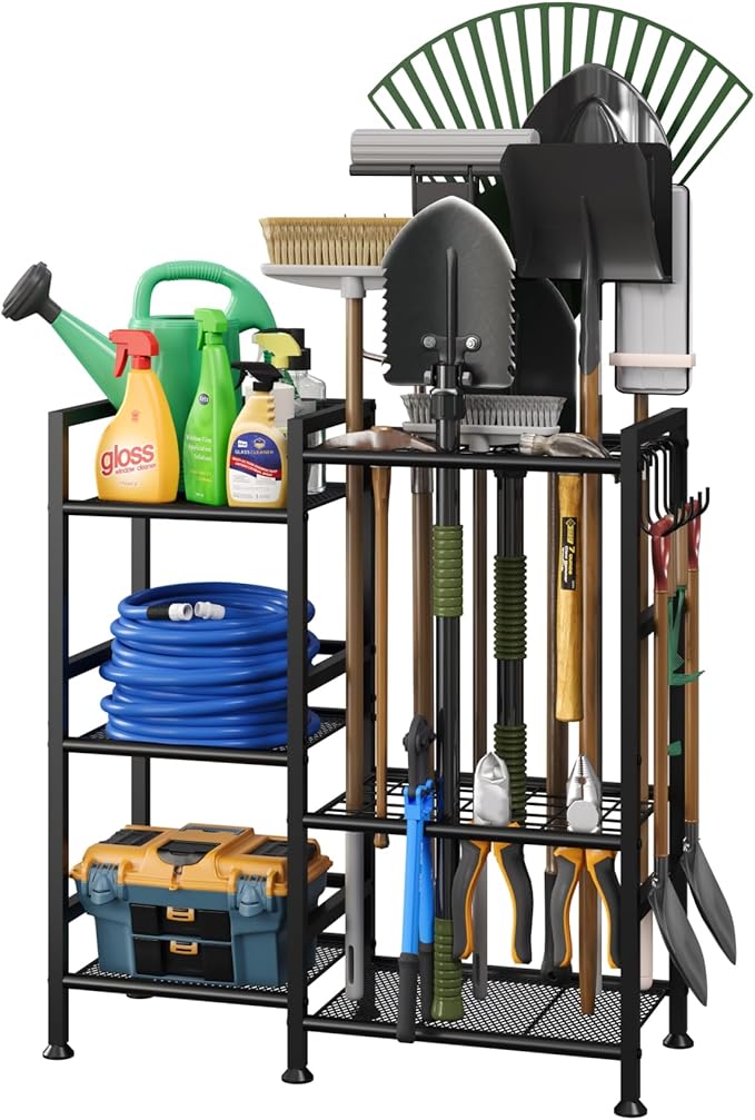 keomaisyto Garden Tool Organizer for Garage Organization, 3 Tier Yard Tool Storage Rack with 35 Long-Handled Tool Slots, Heavy Duty Garden Tool Holder with Large Hooks for Shed, Yard, Garage-VerdiqueGarden