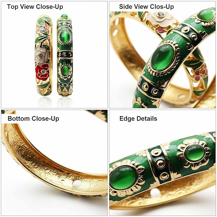 Vintage jewelry bangle Green Enameled Bracelet with Gemstone Floral Gold Plated Bangle Jewelry Gifts for Mom BFF Daughter