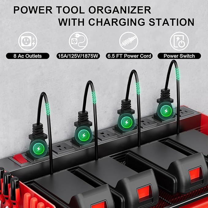 Power Tool Organizer with Charging Station, 6 Drill Holder Wall Mount, 3 Layer Garage Tool Organizer with Hooks, Screwdriver, Drill Bit Rack, Heavy Duty Utility Shelf for Garage, Gifts for Men-VerdiqueGarden