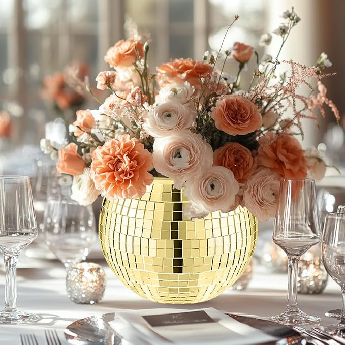 2 Pcs Disco Ball Vase,5 x 6 Inch Mirrored Disco Ball Planter,Disco Ball Candle Holders Perfect Disco Decorative Planters for Living Room Bedroom Table Wedding Party Birthday(Gold)-VerdiqueGarden
