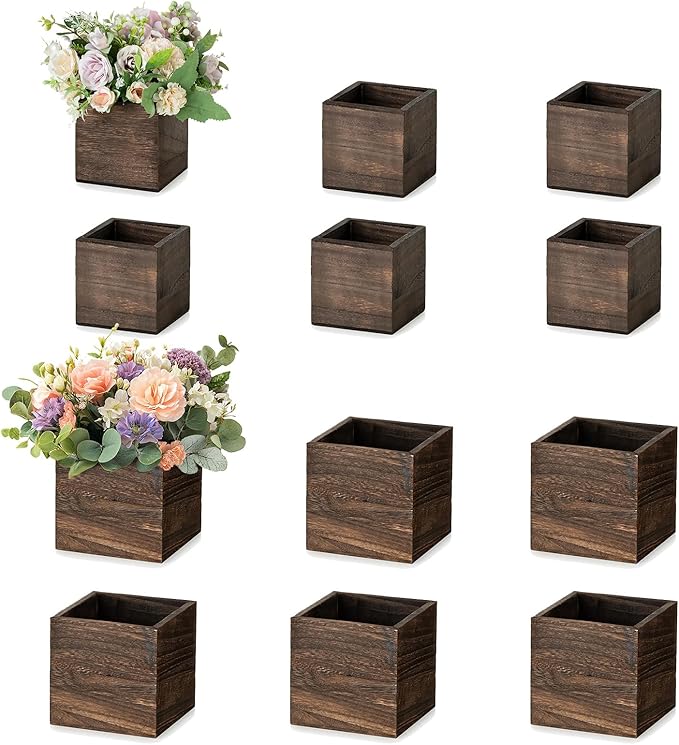 NUPTIO Wooden Box for Centerpiece Wedding: 12 Pcs Rustic Square Planter Box for Christmas Centerpiece Table Fall Decorations - 4×4" & 5×5" Small Wood Vases Flower Pots for Windowsill Home Garden Decor-VerdiqueGarden