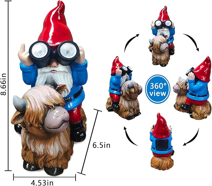 Gnome Garden Statue Solar Lights Outdoor Binoculars on Highland Cow,Birthday Gifts for Women/Men, Housewarming Gifts,Outdoor Decor for Balcony,Garden,Patio,Yard,Lawn(Cow Gnome)-VerdiqueGarden