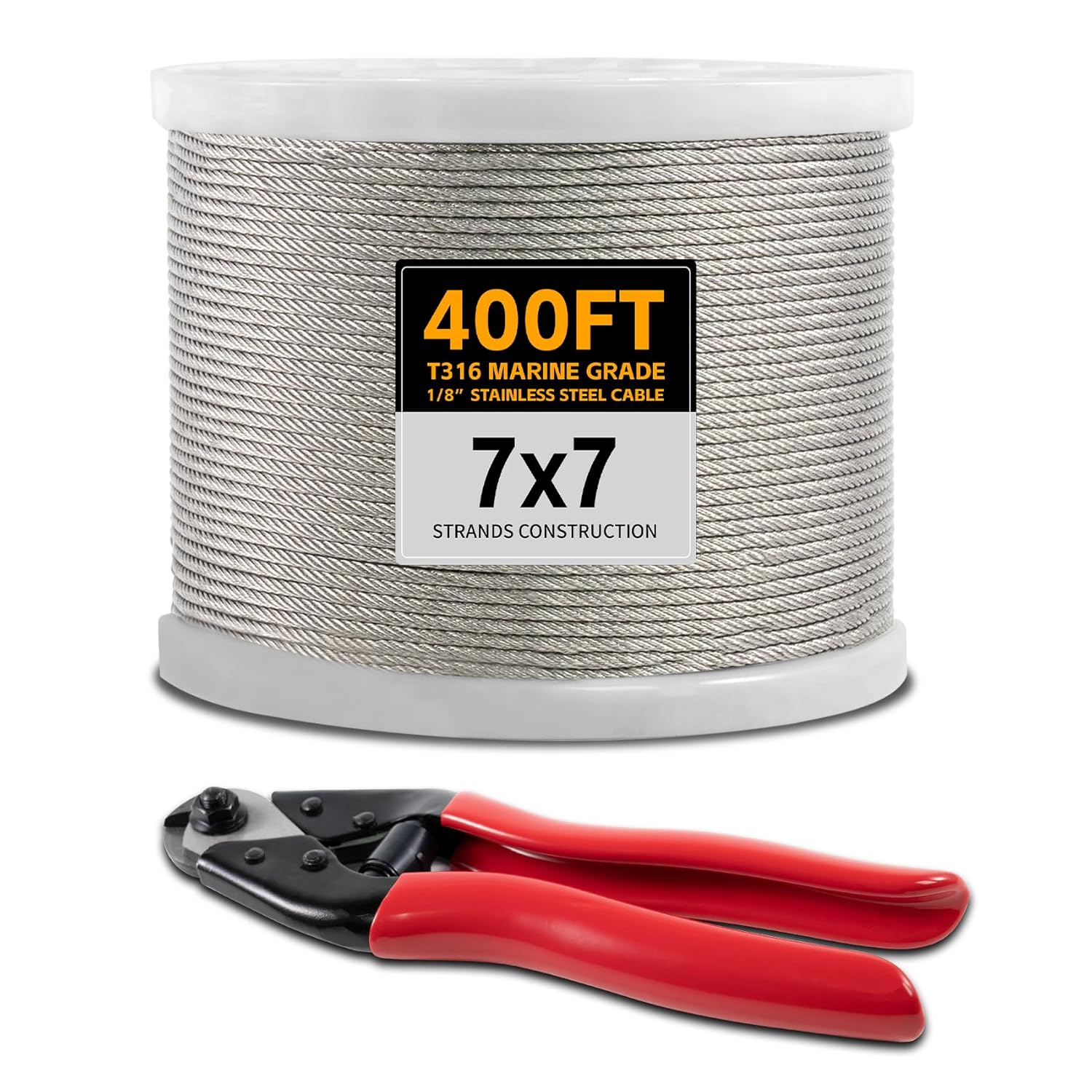 400FT 1/8" Stainless Steel Cable Wire Rope with Cutter, Cable for Deck Railing, 1800 lb Breaking Strength 7x7 Strands, T316 Aircraft Cable for Stair, Fence, Porch-VerdiqueGarden
