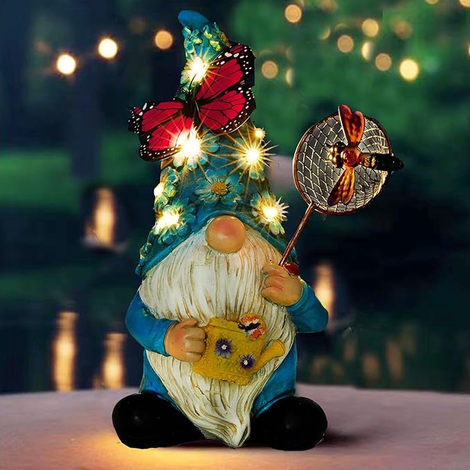 Garden Gnome Statues Outdoor Decor Solar Gnomes with Butterfly on LED Lighted Flowers, Resin Blue Gnomes Sculpture for Patio Yard Lawn Onament Decoration-VerdiqueGarden