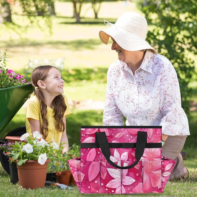 Rose Red flower Gardening Tool Bag,Heavy Duty Garden Tote Bag,Portable Oxford Gardening Storage Basket Organizer Handbag with Pockets Handle,Hand Tools Gifts for Outdoor Garden Lawn-VerdiqueGarden