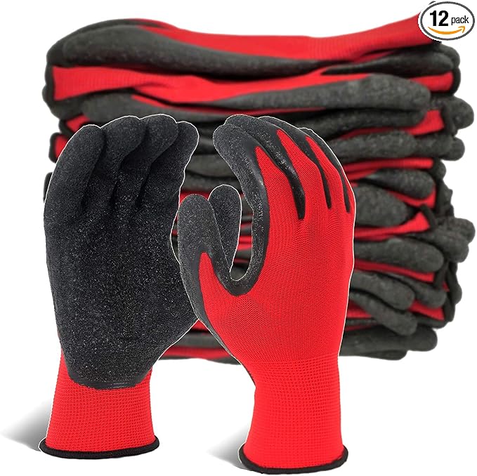 Evridwear Crinkle Latex Rubber Hand Coated Safety Work Gloves for Men Women General Multi Use Construction Warehouse Gardening Assembly Landscaping (L-Size) 12 Pairs Pack-VerdiqueGarden