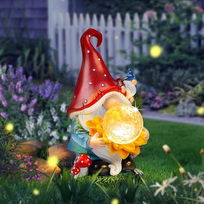 Solar Garden Decor Gnome Statues with Sunflower and Crackle Glass Globe Lights Gnome Outdoor Decorations for Garden Yard Patio Lawn, Unique Housewarming Gifts-VerdiqueGarden