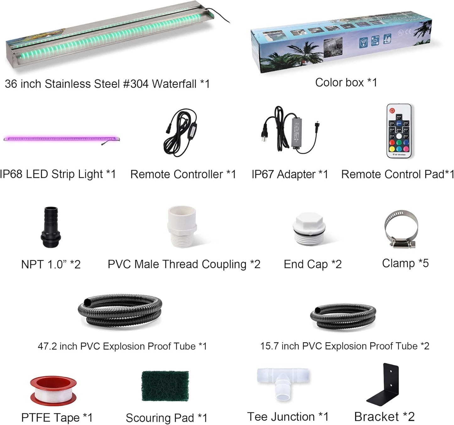 36" Water Pool Fountain 304 Stainless Steel Lighted Pool Waterfall Spillway with Wider Water Flow Platform, Multi-Color LED Strip Light with Remote Control for Indoor, Garden, Outdoor Decoration-VerdiqueGarden