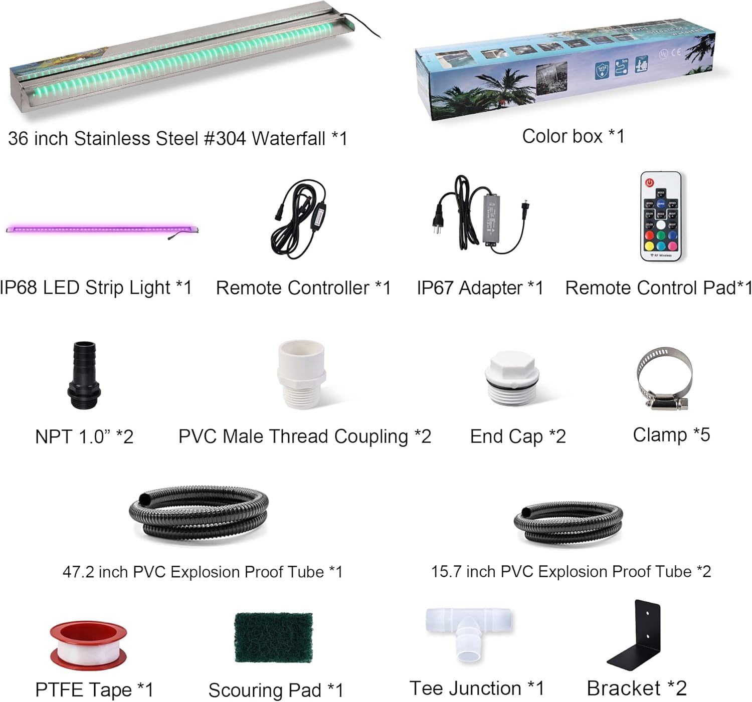 36" Water Pool Fountain 304 Stainless Steel Lighted Pool Waterfall Spillway with Wider Water Flow Platform, Multi-Color LED Strip Light with Remote Control for Indoor, Garden, Outdoor Decoration-VerdiqueGarden