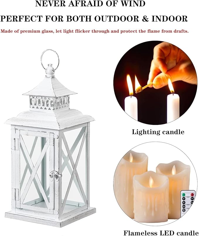 DECORKEY Lantern Decorative Indoor & Outdoor, Large Square Hanging Spring Home Decor, Vintage Metal Decorative Candle Lanterns for Outdoor Patio Wedding Party White with Black Brush-VerdiqueGarden