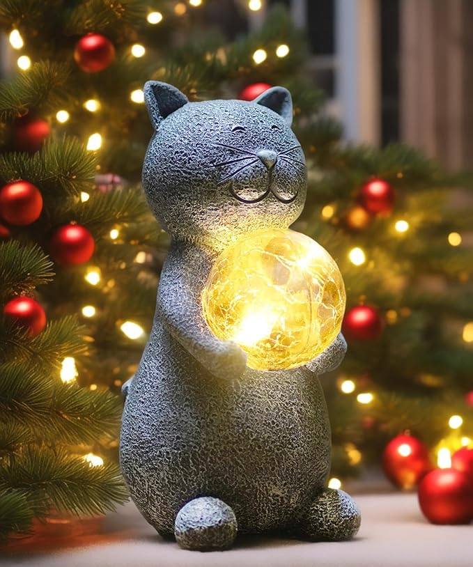 Solar Cat Statue - Garden Decor with LED Lights, Perfect for Mom or Grandma (Gray Cat)-VerdiqueGarden