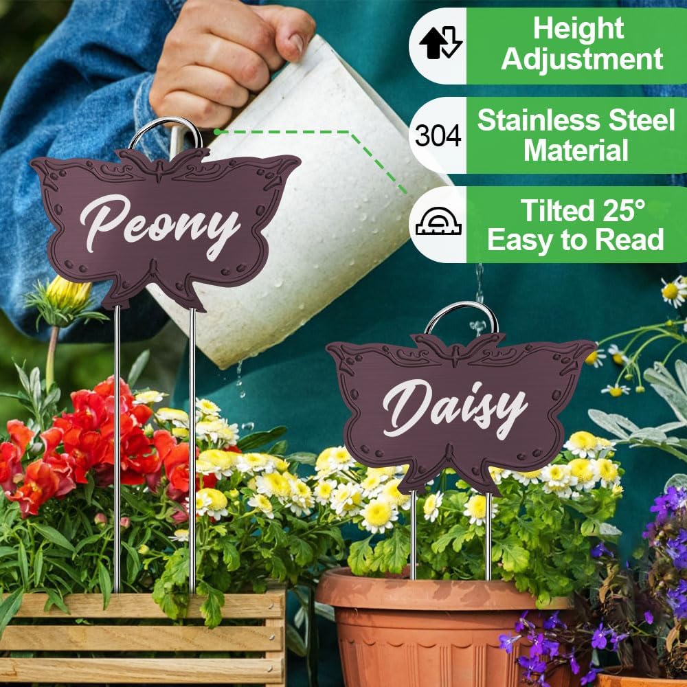 Metal Plant Labels, Tall Outdoor Butterfly Garden Markers for Flowers, Fruits and Vegetables, 304 Stainless Steel Weatherproof Signs (25 Packs, 4" x 2.3", Purplish Red Butterfly Design)-VerdiqueGarden