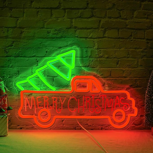 WLHOPE Christmas Truck Neon Sign,Merry Christmas Neon Signs for Wall Decor,Dimmable Merry Christmas Led Signs for Christmas Party Backdrop Bedroom Window Bar Club Shop,Christmas Gift Decoration-VerdiqueGarden