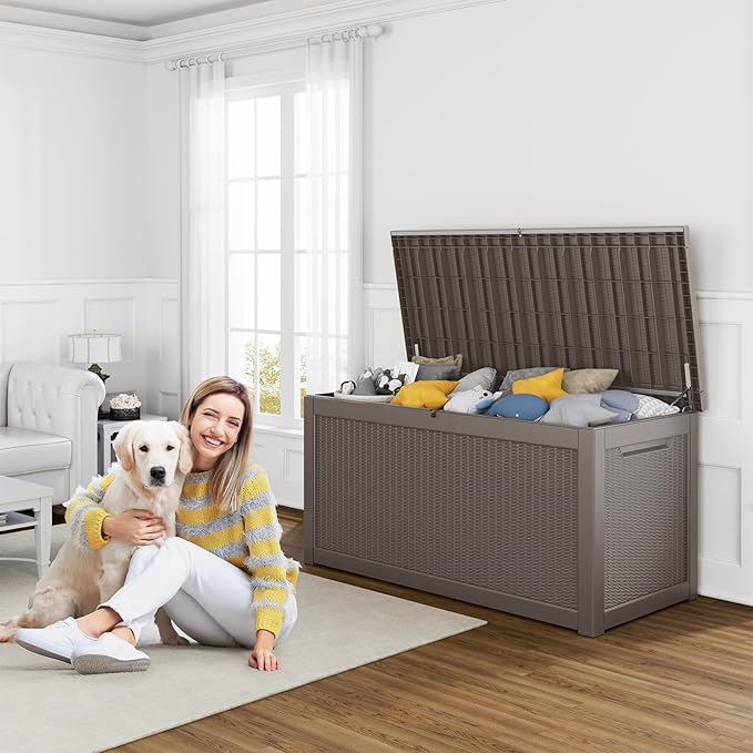 260 Gallon Resin Deck Box, Lockable Patio Outdoor Storage Box for Furniture, Garden Tools and Tools Storage, Waterproof Outside Storage Boxes - Grey-VerdiqueGarden