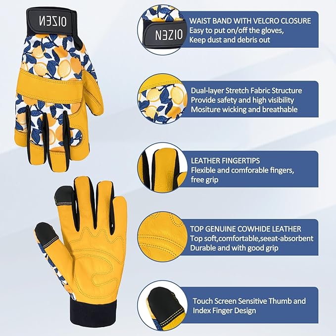 Cowhide Leather Thorn Proof & Puncture Resistant Gardening Gloves for Women and Men, Touchscreen Compatible Working Gloves for Weeding, Digging, Planting, Gardening Gifts for Women, Size Medium-VerdiqueGarden