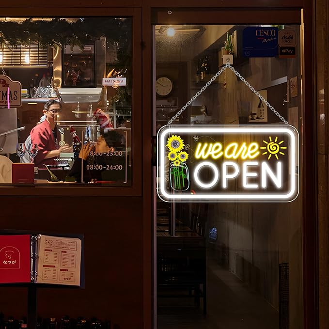 Neon We are Open Signs for Business, 16.5x9'' Open Sign with Printed Flower and Sun, with ON/OFF Switch & Adapter, Daylight White, Ideal for Window, Party, Wall, Bars, Coffee Shops, Salons, Clubs, Hotels-VerdiqueGarden
