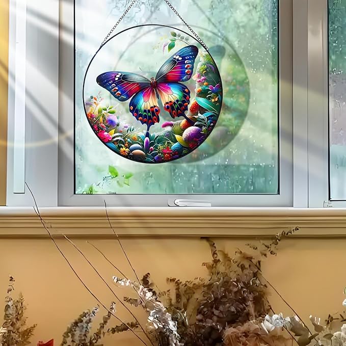 RIVEENY Butterfly Stained Glass Window Hangings, 8" Monarch Butterfly Hanging Stained Glass for Windows, Sun Catcher Garden Hangings Christmas Mother's Day, Valentine's Day Ornaments Festival Gift-VerdiqueGarden