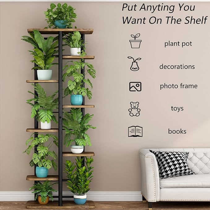 LINZINAR Plant Stand 8 Tier 9 Potted Multiple Flower Pot Holder Shelf Indoor Outdoor Planter Rack Storage Organizer for Patio Garden Corner Balcony Living Room (8 Tier-9 Potted, Black)-VerdiqueGarden