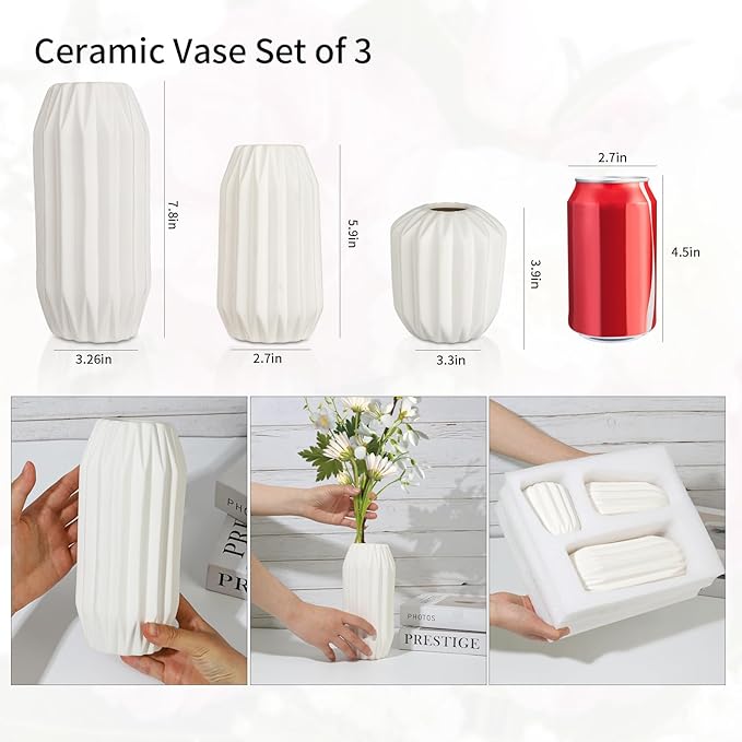Ceramic Vase Set of 3, White Vase for Modern Home Decor, Decorative Vases for Bouquet Pampas Grass Dried Flowers, Living Room, Bedroom, Bathroom, Shelf Centerpiece Table Decorations-VerdiqueGarden