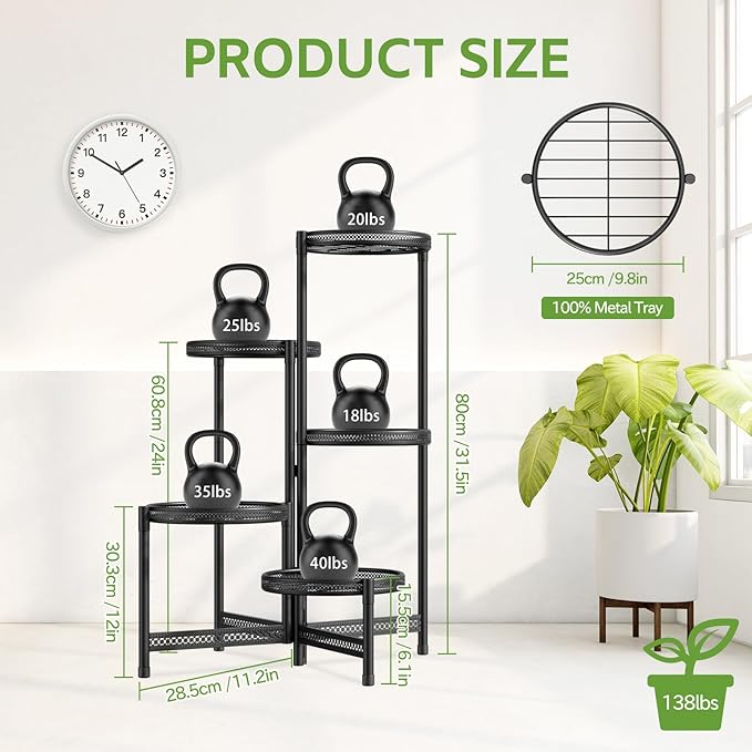 iDavosic.ly 5 Tier Large Plant Stand Indoor with 10-Inch Wide Drainage Tray, Tiered Corner Metal Outdoor Flower Display Holder Shelf, Folding Tall Rack for Patio Porch Balcony, Black Iron Carving-VerdiqueGarden