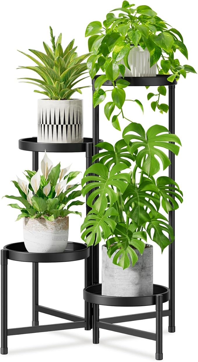 iDavosic.ly 4 Tier Large Plant Stand Indoor with 10 Inch Wide Tray, Tiered Corner Metal Outdoor Flower Display Holder Shelf, Folding Tall Rack for Patio Porch Living Room, Modern Black-VerdiqueGarden