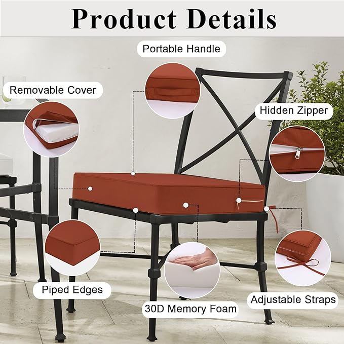 Outdoor Chair Cushions Set of 2 for Patio Furniture 22x22x4 Inch Waterproof Patio Chair Cushion 3 Year Color Fastness Square Elastic Foam Garden Sofa Couch Pads with Ties and Handle,Spice-VerdiqueGarden