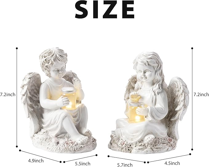 2 Pack Outdoor Angel Statue Garden Decor, Classic Solar Angel Figurine Decoration for Yard Art Indoor Porch Home Lawn Outside Light up Cherub Sculpture Guardian Wings Memorial Gifts-VerdiqueGarden