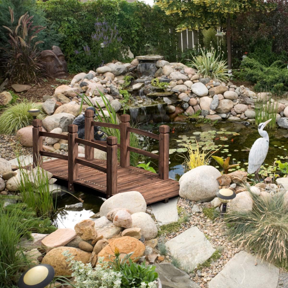 S AFSTAR Wooden Garden Bridge, 5FT Stain Finished Arch Footbridge with Safety Rails for Garden Patio Yard, Outdoor Pond Bridge & Wishing Well Planter Set-VerdiqueGarden