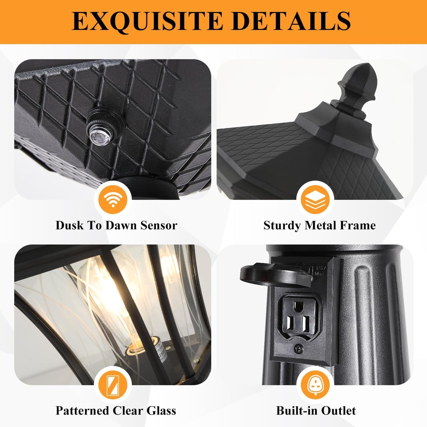 Outdoor Lamp Post Lights with Outlet, Dusk to Dawn Pole Lamp with Patterned Glass, Aluminum Waterproof Outside Street Lights, Hardwired Black Light Pole for Backyard, Garden, Driveway-VerdiqueGarden