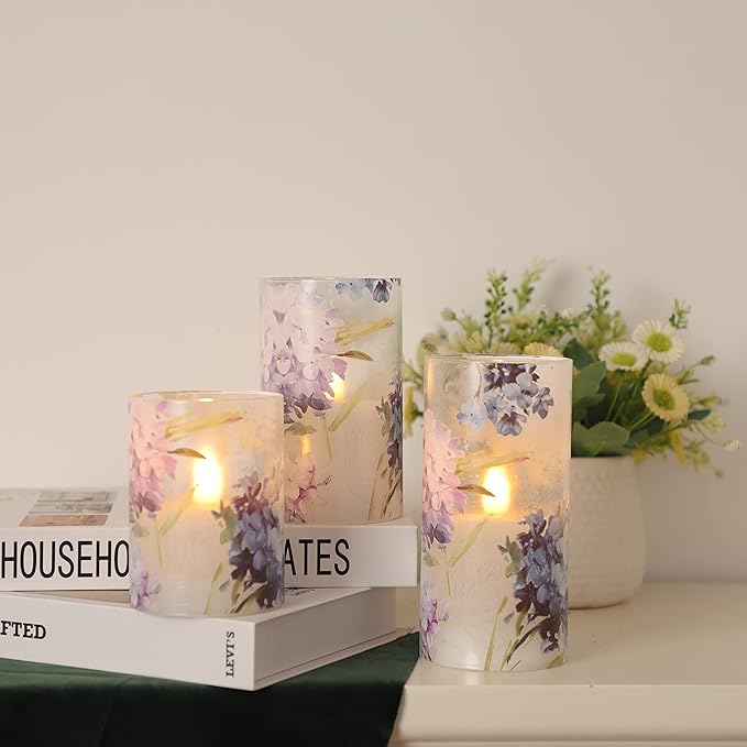 Floral Flameless Candles Decorative Battery Operated with Remote Hydrangea Flowers Romantic Lovers Flickering Pillar Candles for Wedding Tray Centerpiece Home Decor-VerdiqueGarden