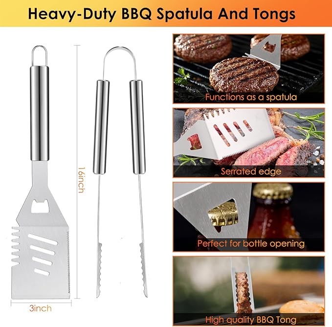 Yoehka BBQ Grilling Accessories Set, 34Pcs Heavy Duty Grill Tools for Outdoor Camping, Grilling Gifts for Men Dad, Stainless Steel Barbecue Utensils Kit with Mats and Glove in Carrying Bag, Silver-VerdiqueGarden