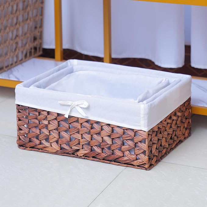 Rectangular Woven Seagrass Storage Bins with Handle,Kingwillow. (water hyacinth, Set of 3)-VerdiqueGarden