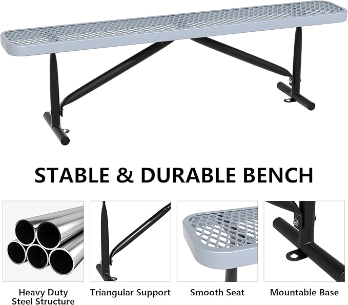 48" L Outdoor Steel Flat Bench, Heavy Duty Metal Park Bench for Outside, Expanded Metal, Commercial Benches Mesh Bench for Shopping Mall, Store, Lawn, Park, Patio, Deck, Garden (Grey, 6FT)-VerdiqueGarden