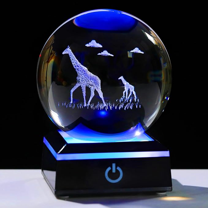Giraffe Gifts for Women Men 3D Crystal Ball 3.14'' - Laser Giraffe Decor Glass Animals Figurines Statue Stuff for Room Night Light Giraffe Gifts for Mom-VerdiqueGarden
