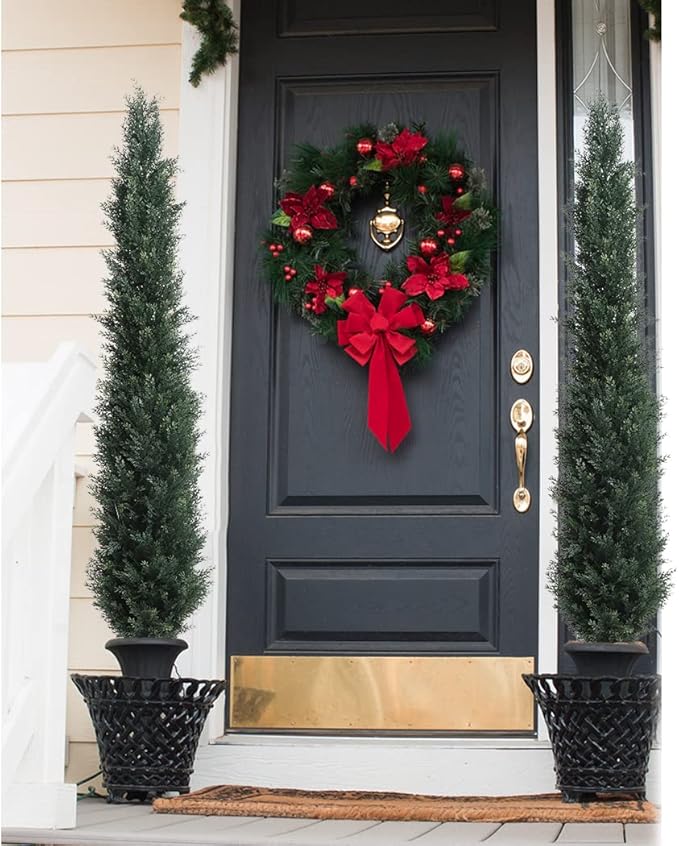 momoplant Artificial Topiary Cedar Tree Outdoor Uv Resistant, 5.5 Ft Faux Cypress Toparies Trees 67 Inch Fake Plant【2 Pack】 with Black Pot-VerdiqueGarden