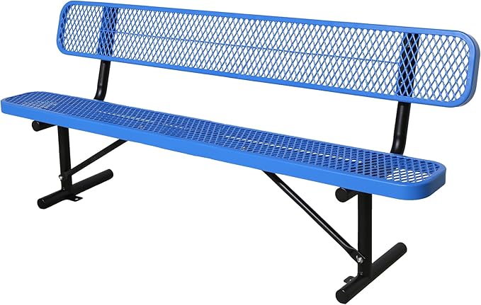 8FT Heavy Duty Park Bench with Back Portable Frame, Outdoor Steel Bench with Backrest, Outdoor Park Bench Expanded Metal Mesh Bench for Lawn, Park, Deck, Garden, Patio, Porch, Black (Blue, 8FT)-VerdiqueGarden