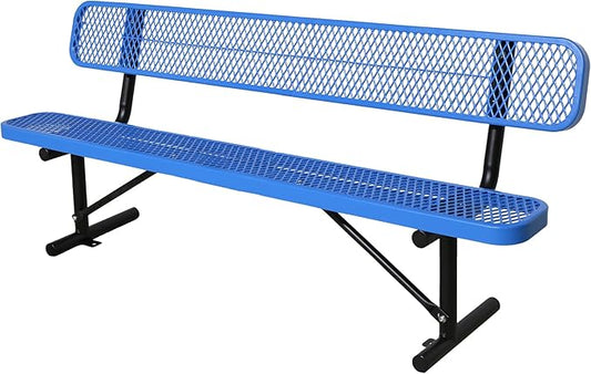 8FT Heavy Duty Park Bench with Back Portable Frame, Outdoor Steel Bench with Backrest, Outdoor Park Bench Expanded Metal Mesh Bench for Lawn, Park, Deck, Garden, Patio, Porch, Black (Blue, 8FT)-VerdiqueGarden
