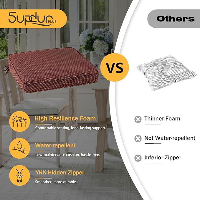 Outdoor Square Corner Seat Cushion, 18.5"x16"x3", Set of 4, Non Slip Seat Cushion Pads with Removable Cover for Patio Furniture, Garden Yard Lawn, Tan Dotted Red Base-VerdiqueGarden