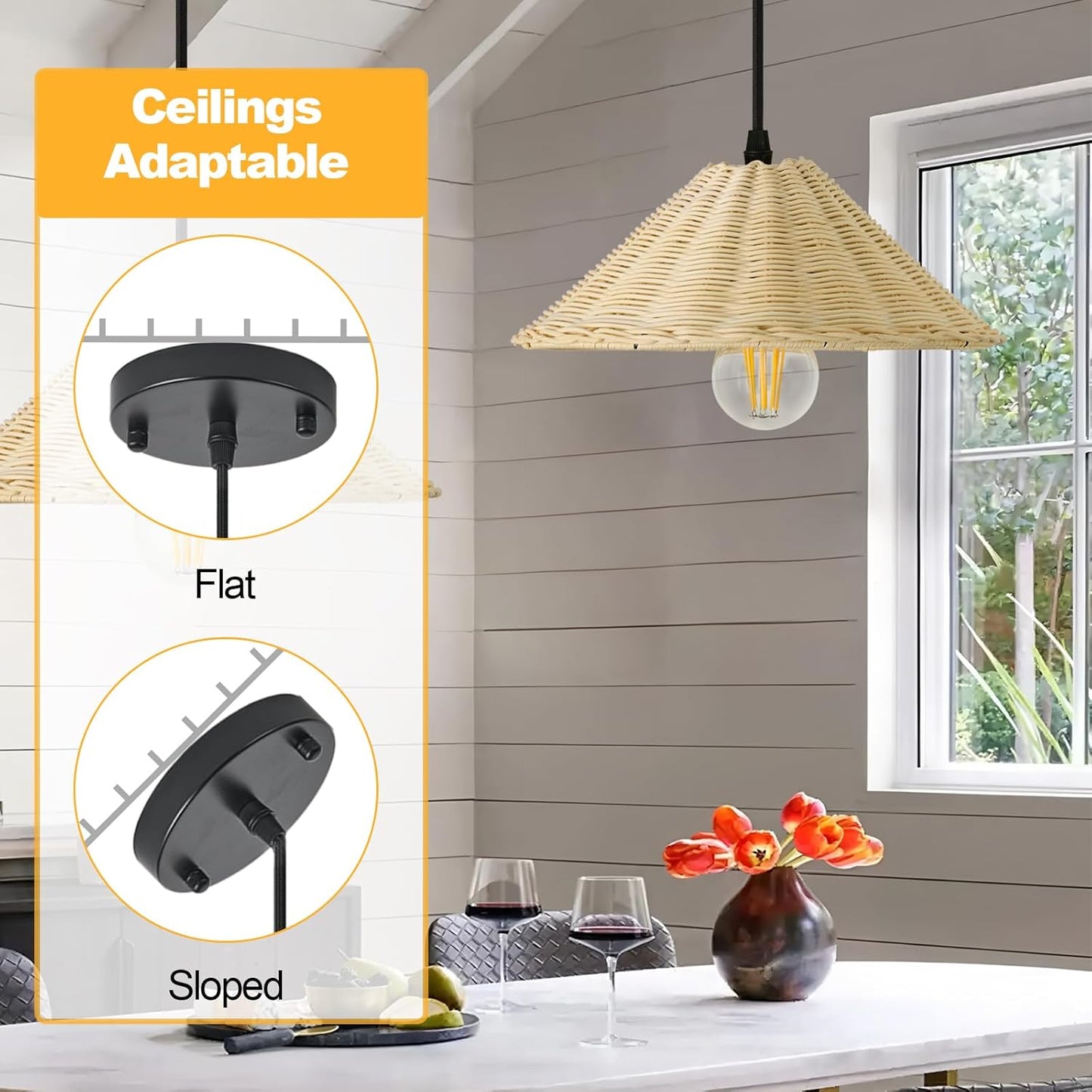 TERLEENART Hard Wired Rattan Pendant Lights Set of 2,Farmhouse Coastal Woven Wicker Ceiling Light with 10.65” Cone Shade, Boho Wired Mounted Hanging Chandelier for Bedroom Dining Room Kitchen Island-VerdiqueGarden